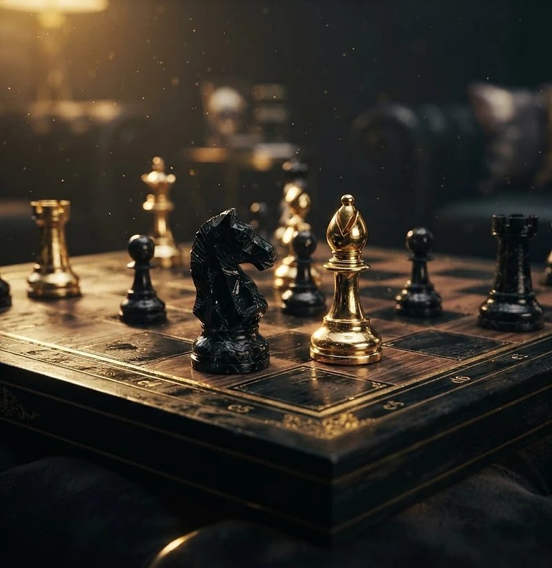 Luxury gold and obsidian chess pieces in dramatic lighting