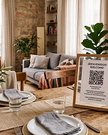 Código QR sobre la mesa de bienvenida en tu propiedad