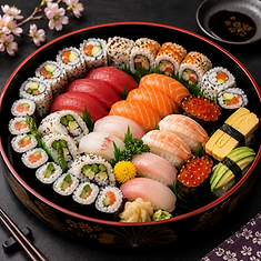 Assorted sushi platter on a lacquerware tray