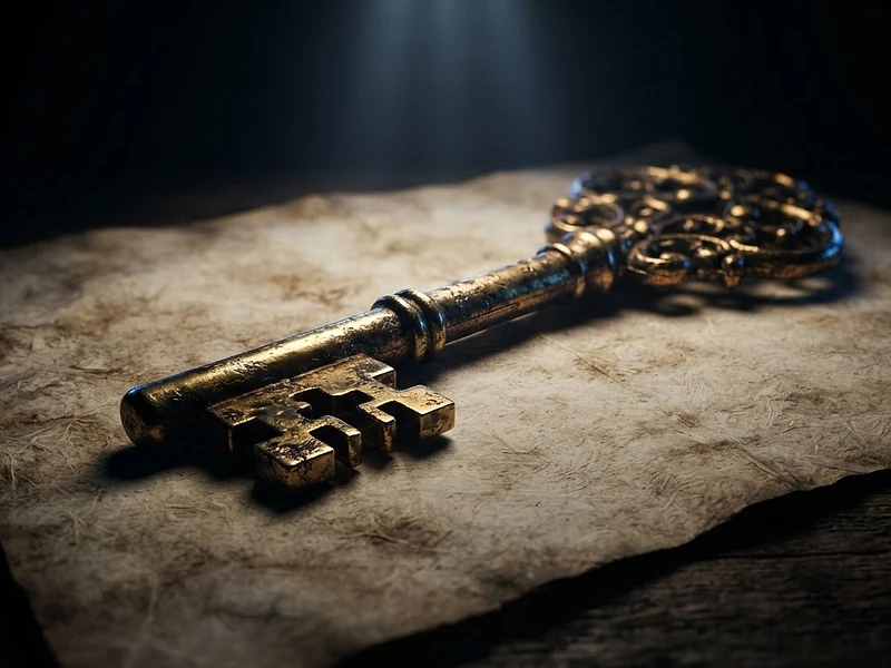 A golden key resting on aged parchment