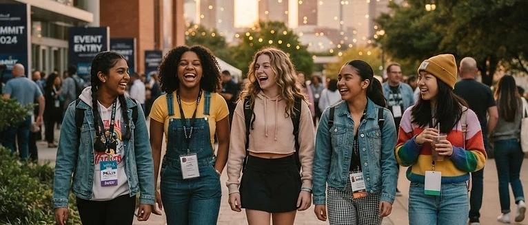 Friends laughing together outside the venue with the Dallas skyline behind them