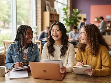 Confident teen students collaborating and smiling together