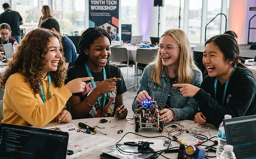 Students building a robot prototype together at an innovation workshop