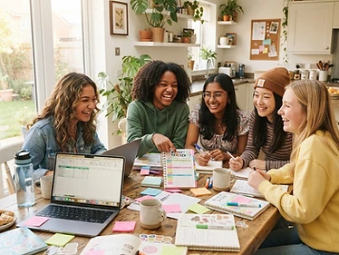 Teen girls learning life skills together around a table of planners and notes
