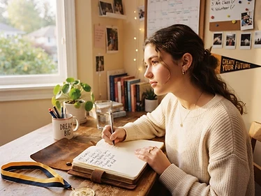 A teen girl writing goals in a journal beside a gold medal