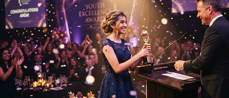 A student accepting an award on stage at the awards gala