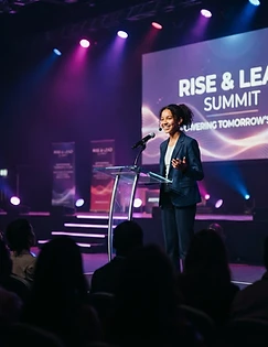 A student delivering a keynote on the summit stage