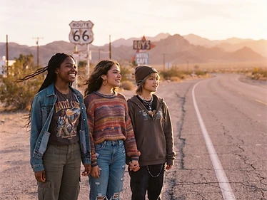 Teen girls looking toward the horizon at the edge of an open highway