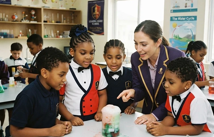 Teacher guiding pupils through a science project
