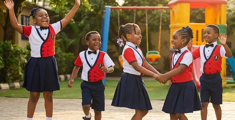 Joyful children playing in the school courtyard