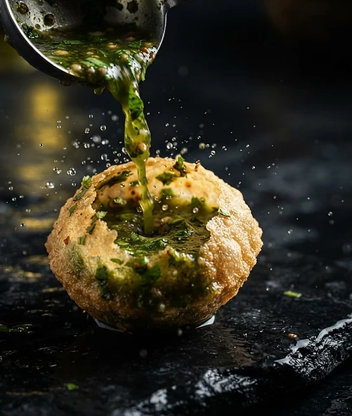 Pani puri being filled with green pani, with droplets suspended in motion