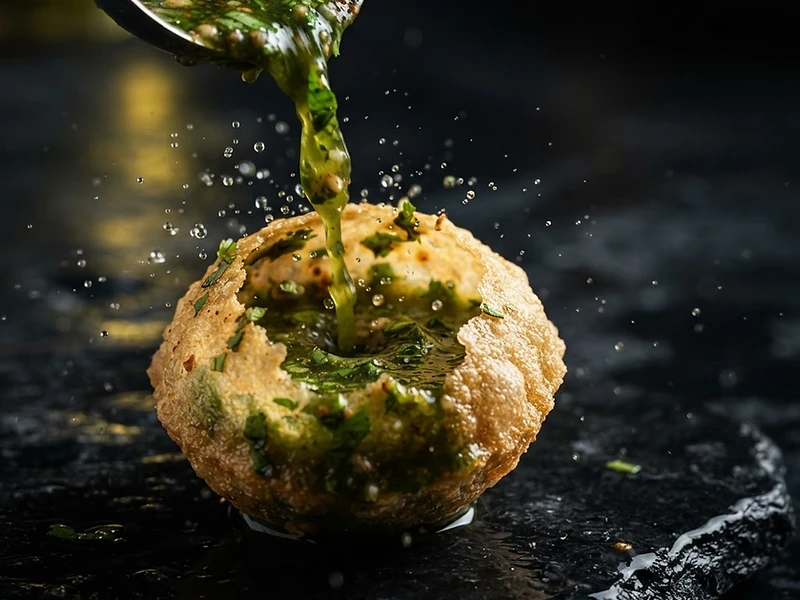 Pani puri filled with vibrant herb water