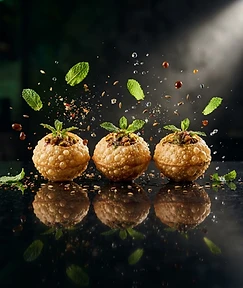 Three golden pani puri shells under dramatic light