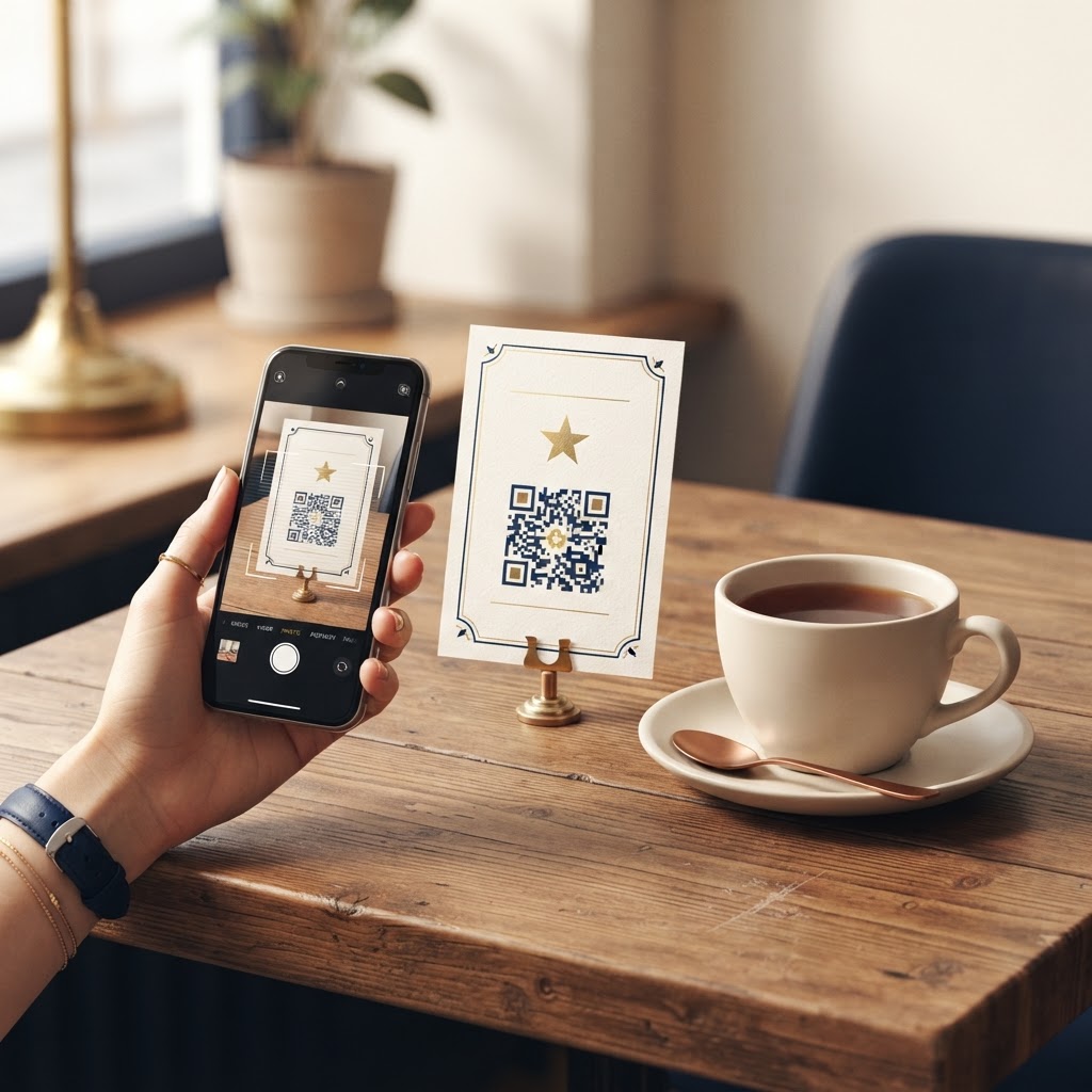 A QR review card on a cafe table being scanned by a phone