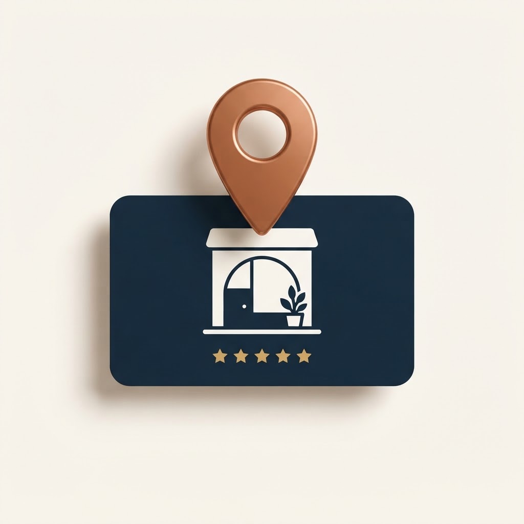 A business profile card with a map pin and review stars