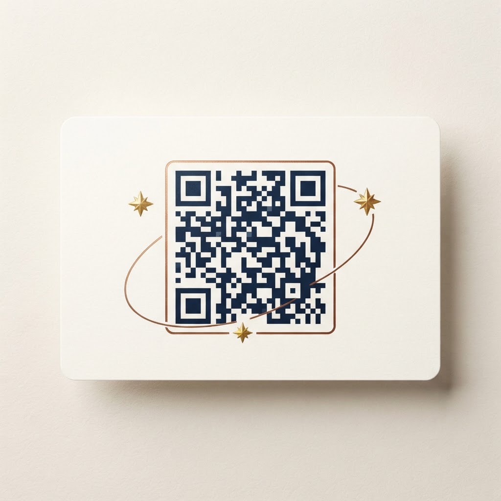 An elegant QR code card with gold stars, a Google review QR code