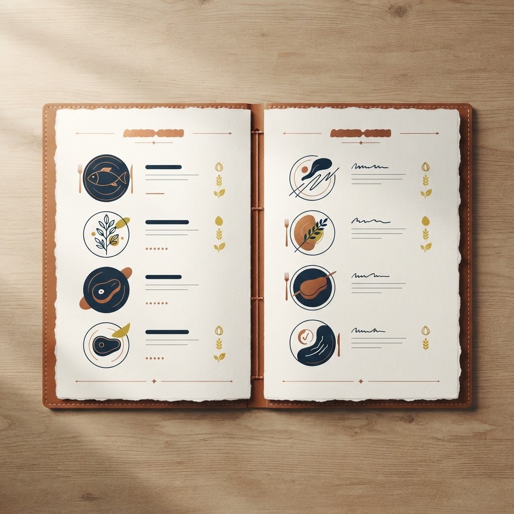 A menu page with allergen and dietary icons beside each dish