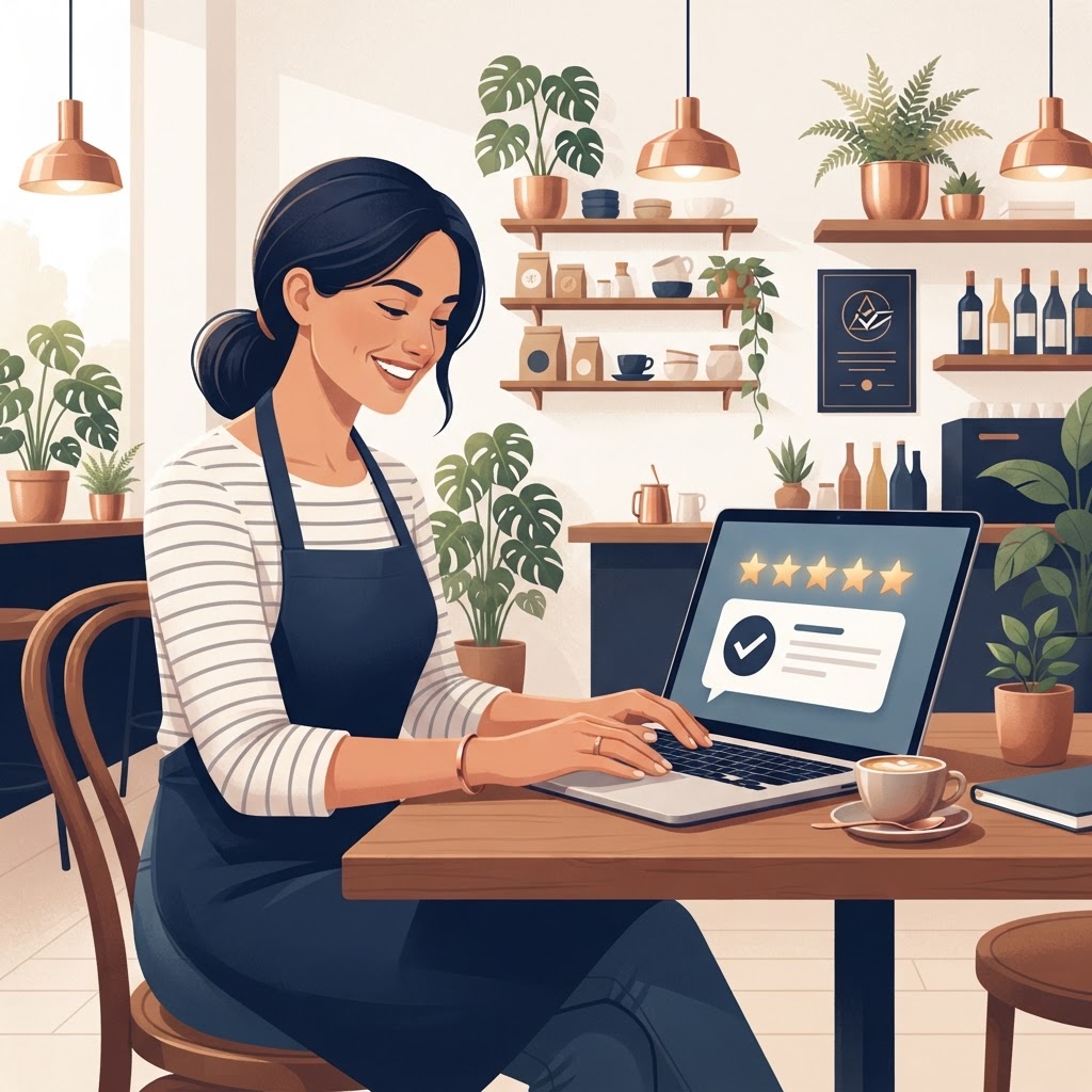 Cafe owner replying to a five-star Google review on a laptop