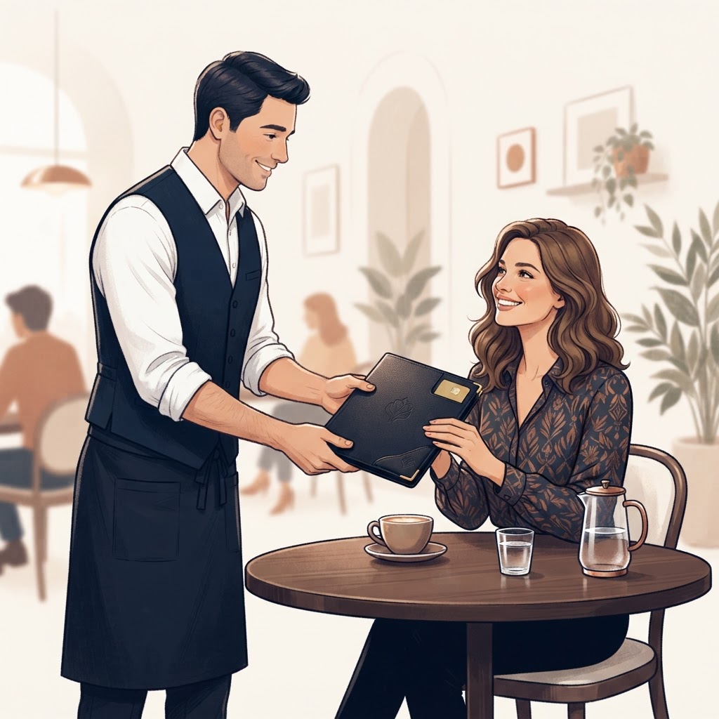 Waiter handing a customer a bill folder with a review card tucked inside