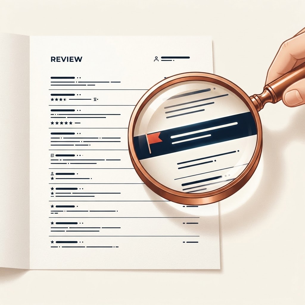 A magnifying glass examining a review page and flagging a suspicious review