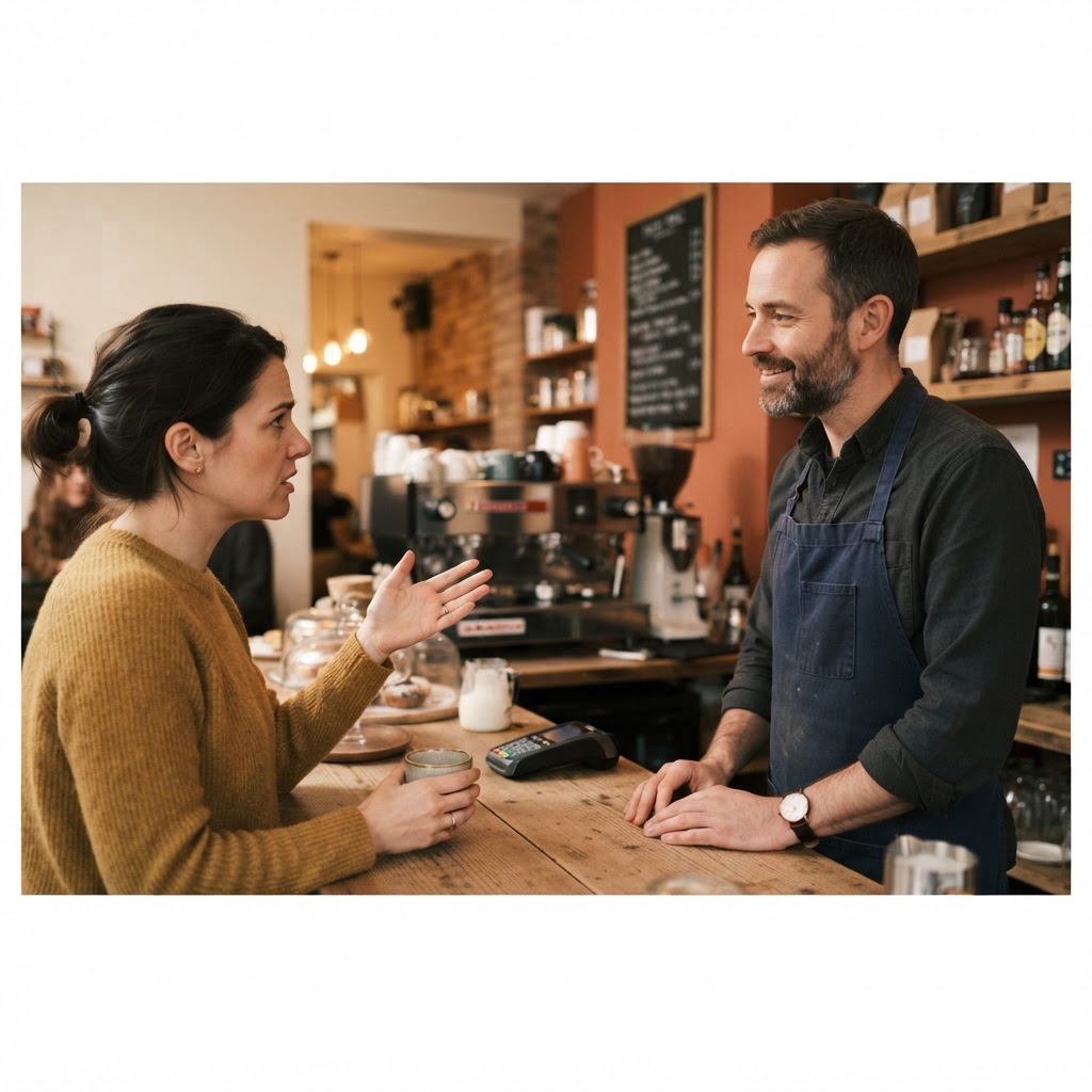 A calm cafe owner listening politely to a displeased customer at the counter