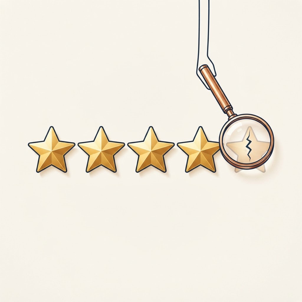 Illustration of five gold review stars with one faded fake star under scrutiny