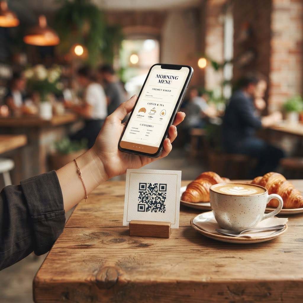 Customer scanning a QR code card on a cafe table to open a digital menu on their phone