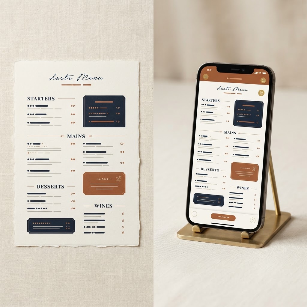 A printed restaurant menu next to a phone showing the same menu as a clean digital version