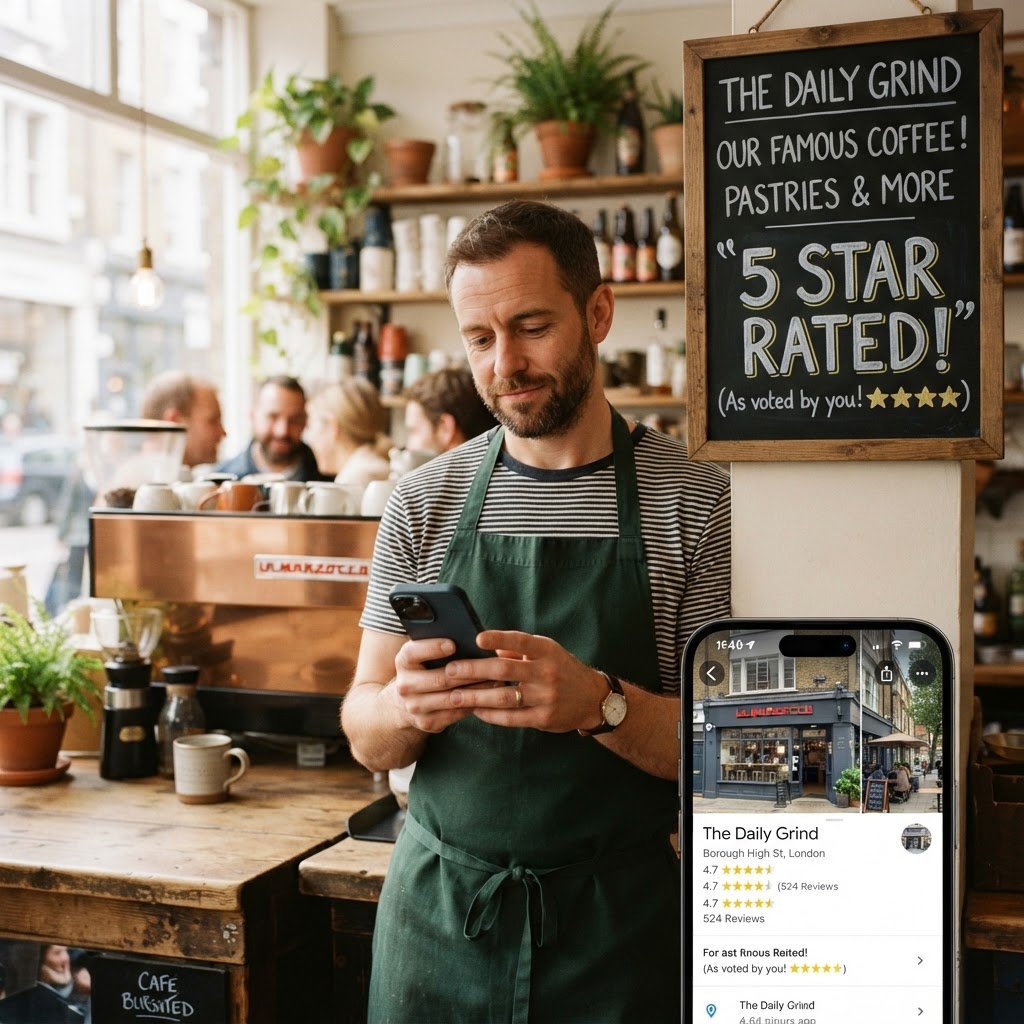 A London café owner comparing a chalkboard that says 5 Star Rated with the real Google rating shown on her phone