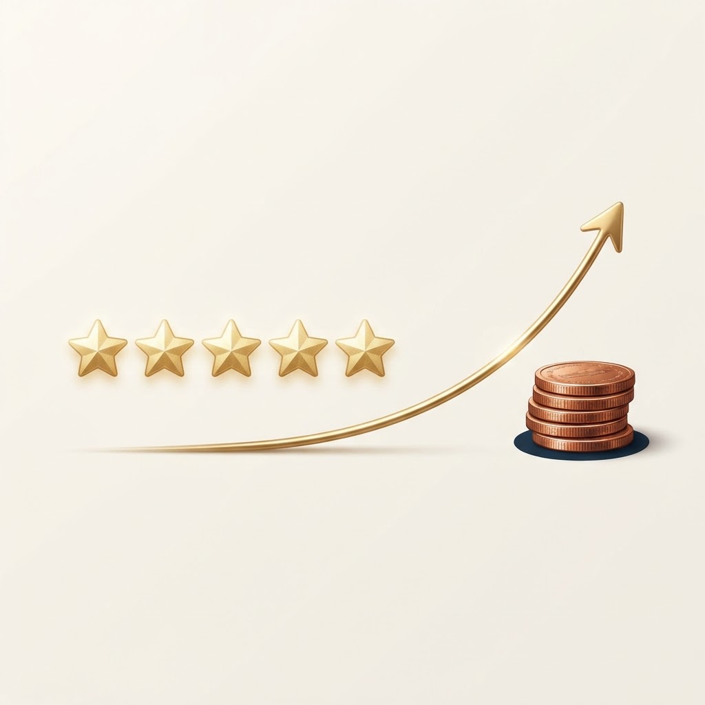 A growth line connecting gold review stars to revenue coins