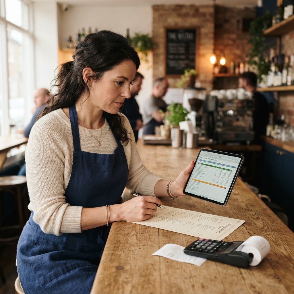 A restaurant owner reviewing menu prices on a tablet beside a printed menu