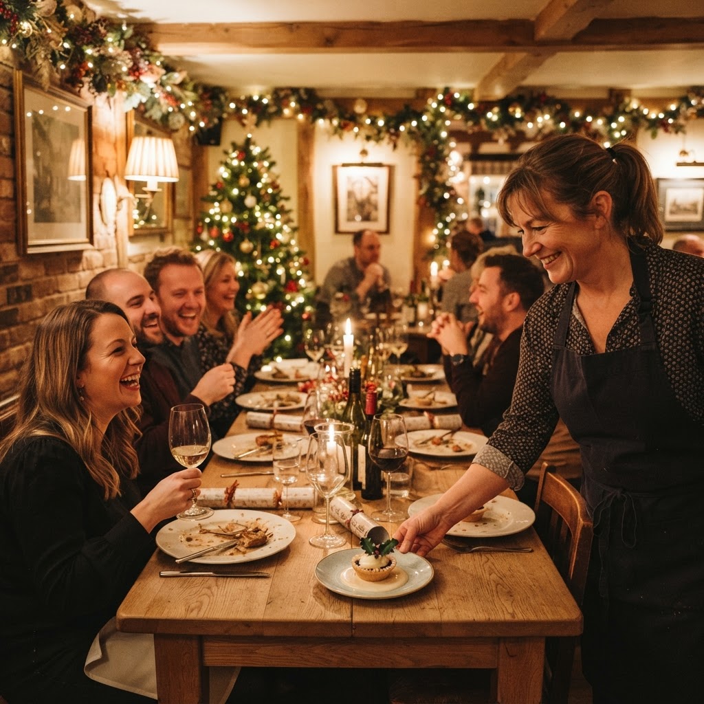 A warmly lit independent restaurant decorated for Christmas parties, owner serving a festive table