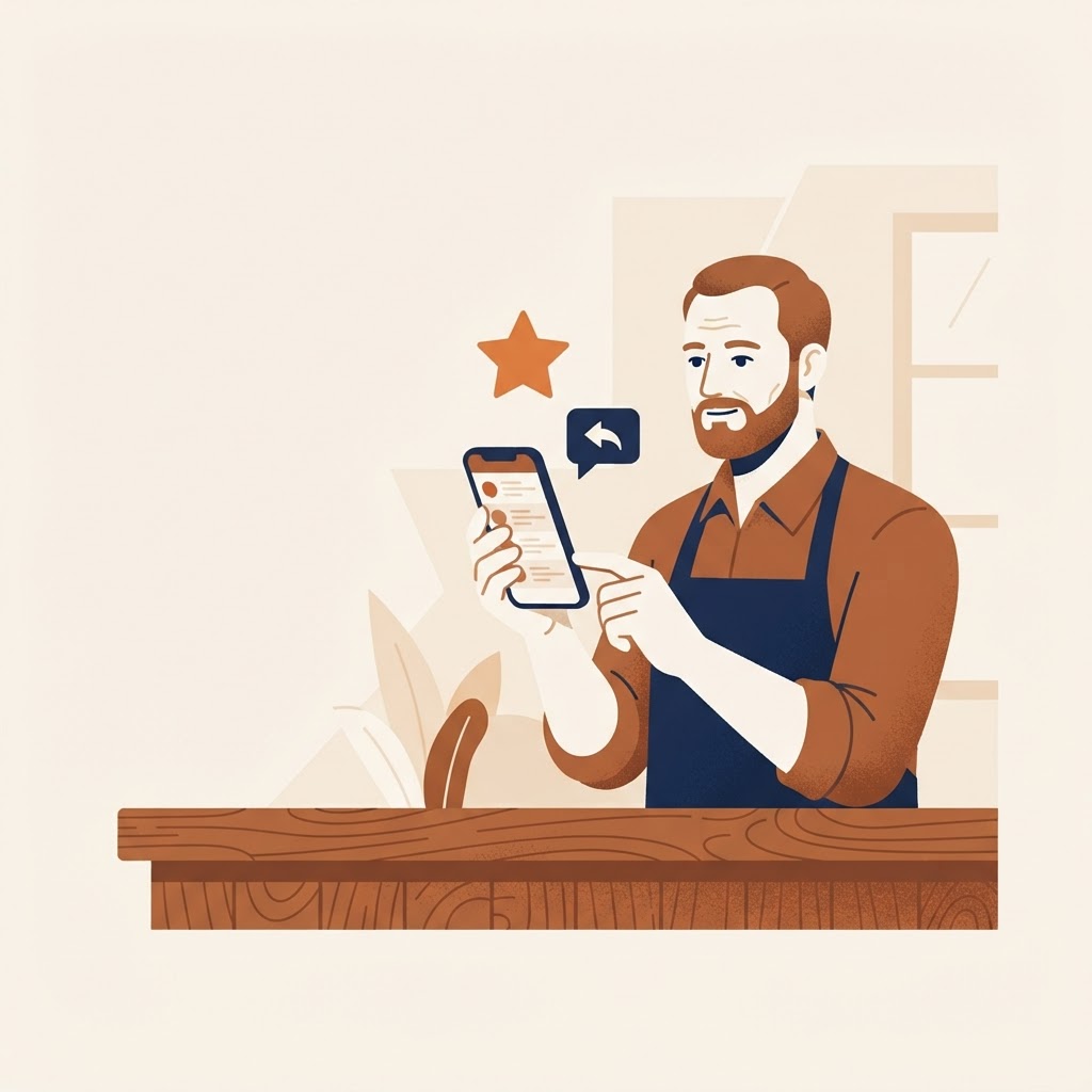 A restaurant owner calmly reading reviews on a smartphone with a single star above the screen
