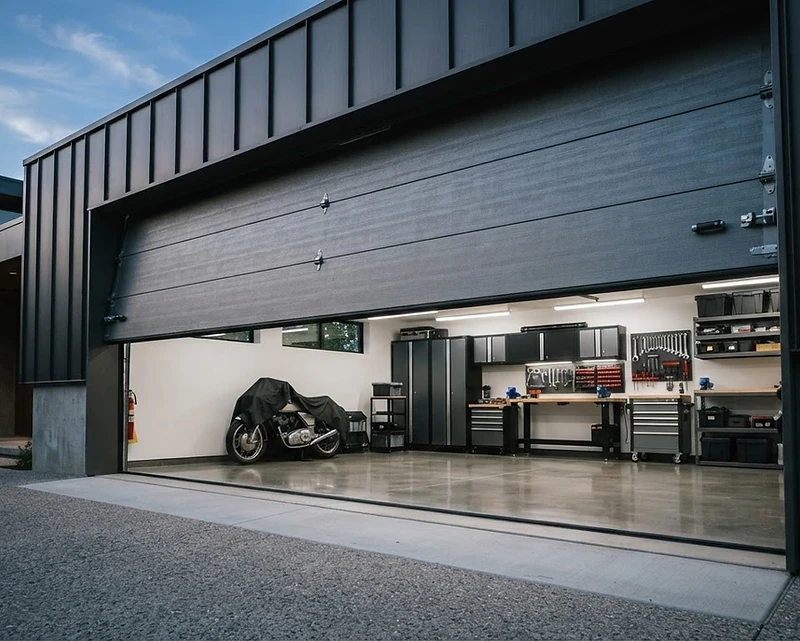 High-end garage door half open revealing an organized workshop