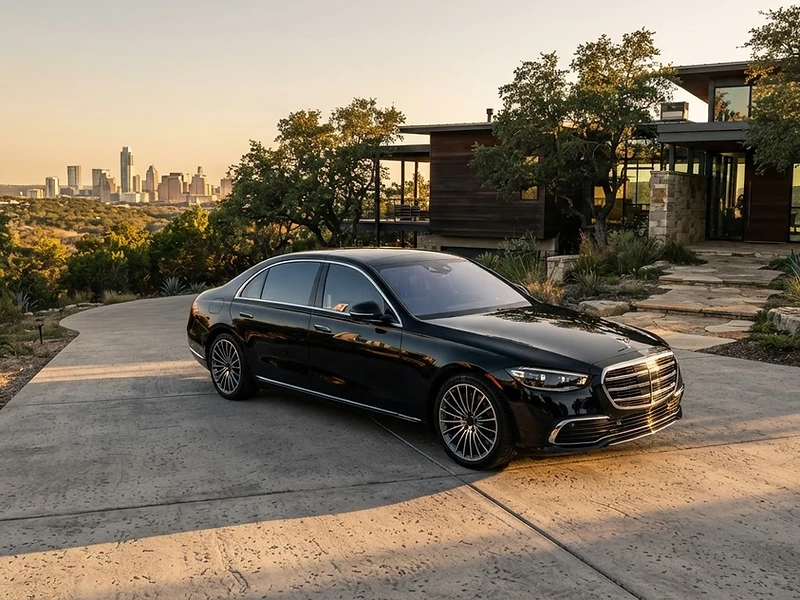 Black luxury sedan on an Austin hillside driveway at golden hour