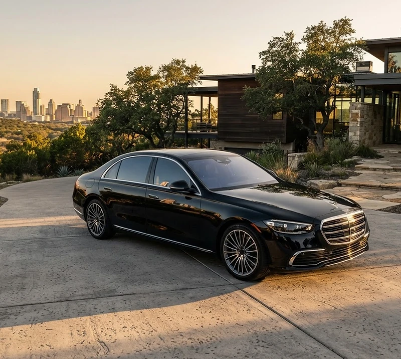 Black luxury sedan on an Austin hillside driveway at golden hour