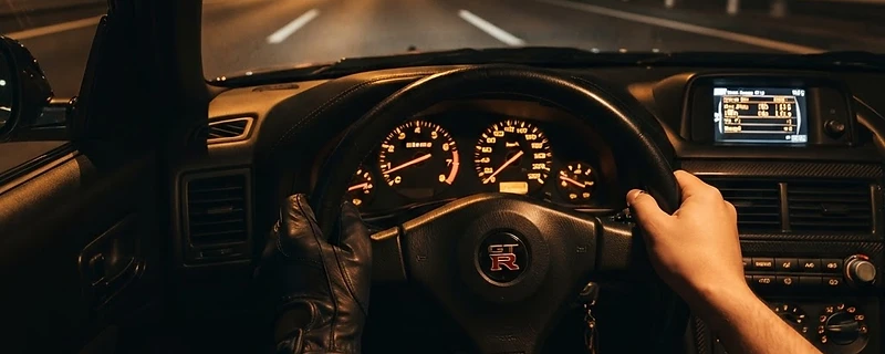 POV view from behind the steering wheel of a Nissan Skyline GTR R34