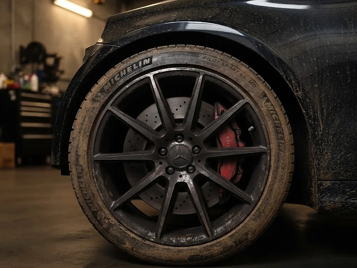 Mercedes wheel and brake caliper — before