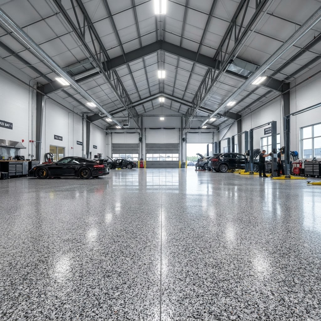 Expansive commercial garage with a high-gloss full broadcast flake polyaspartic floor and vaulted ceiling