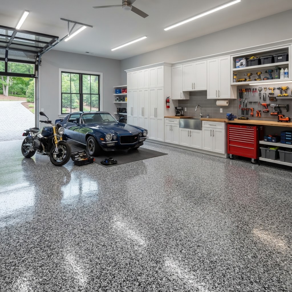 Premium workshop garage with a full broadcast flake polyaspartic floor and built-in cabinetry