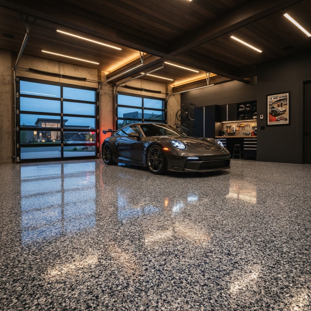 Luxury garage with a high-gloss full broadcast flake polyaspartic floor and a dark sports car