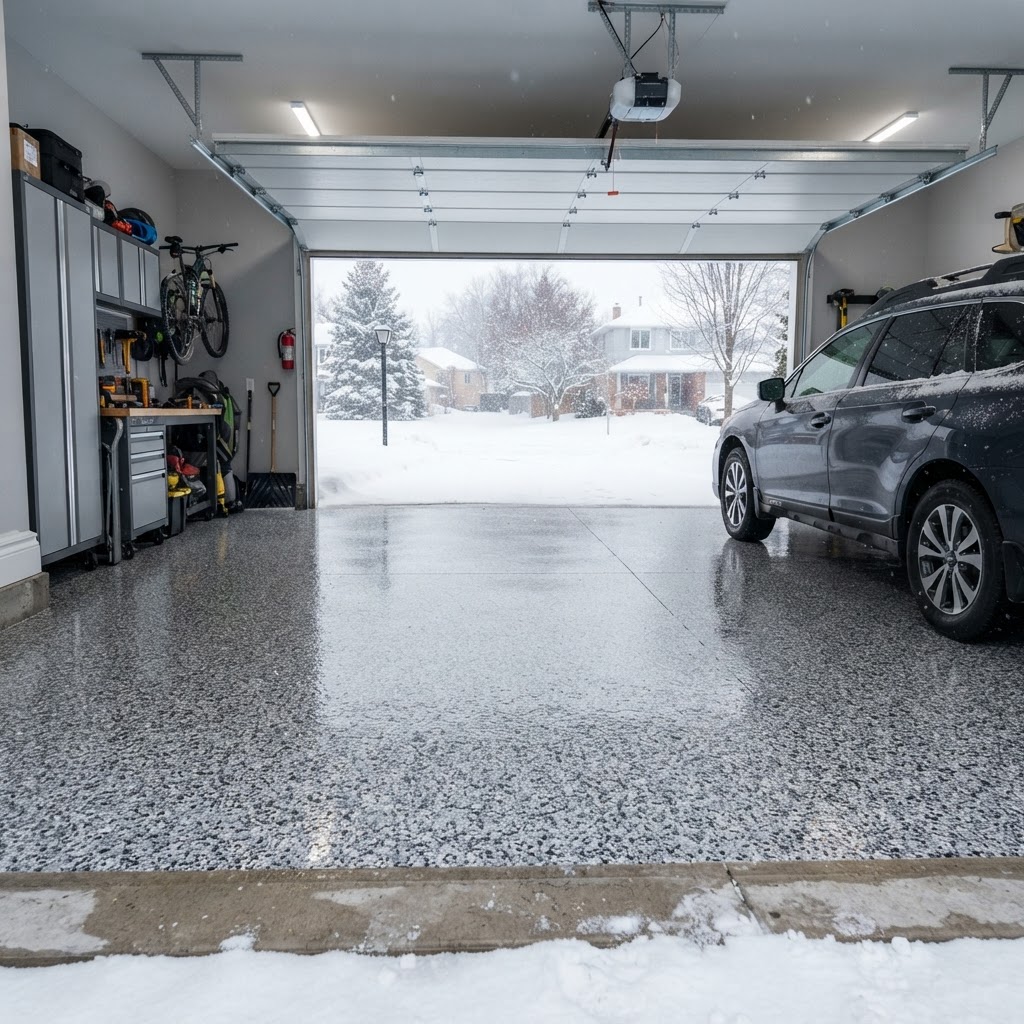 Winter garage installation with a full broadcast flake polyaspartic floor and snow visible through the open door