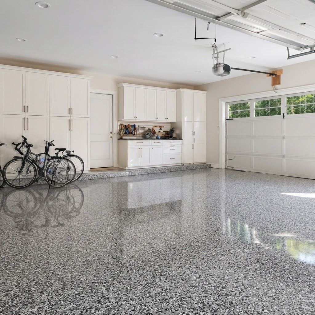 Outdoor patio with a high-gloss full broadcast flake polyaspartic coated surface