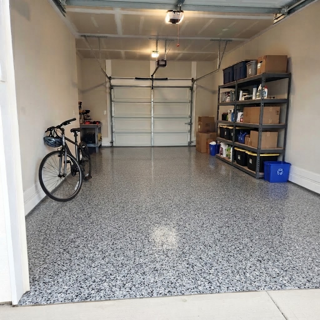 Garage floor after a full broadcast flake polyaspartic coating