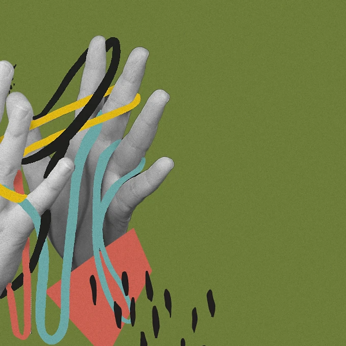 Abstract collage — hands woven with colorful lines