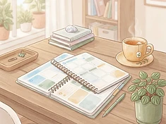 A calm desk with a flexible planner and tea — building routines