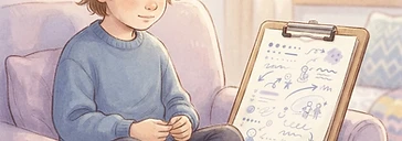 A clipboard with gentle observation notes beside a quiet child — signs of masking observation