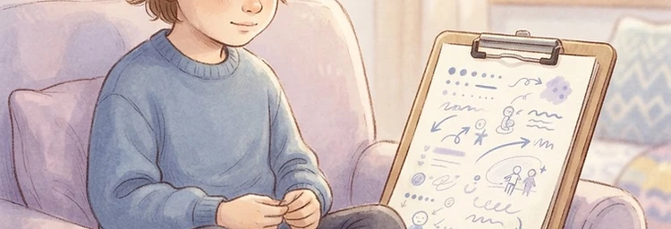 A clipboard with gentle observation notes beside a quiet child — signs of masking observation
