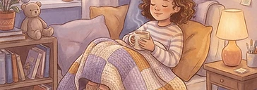 A child resting in a cozy corner with a blanket and tea — after-school recovery