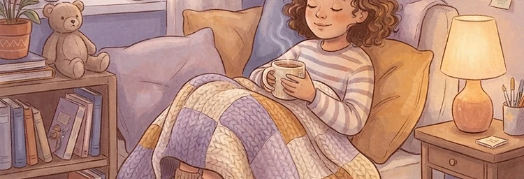 A child resting in a cozy corner with a blanket and tea — after-school recovery